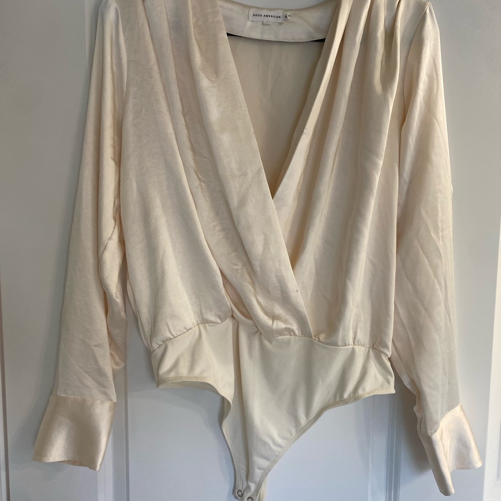 Good American Cream Satin Wrap Bodysuit Top